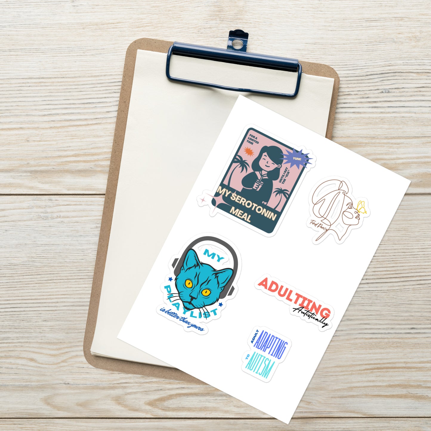 Sticker sheet- serotonin meal, adulting autistically, find peace, playlist